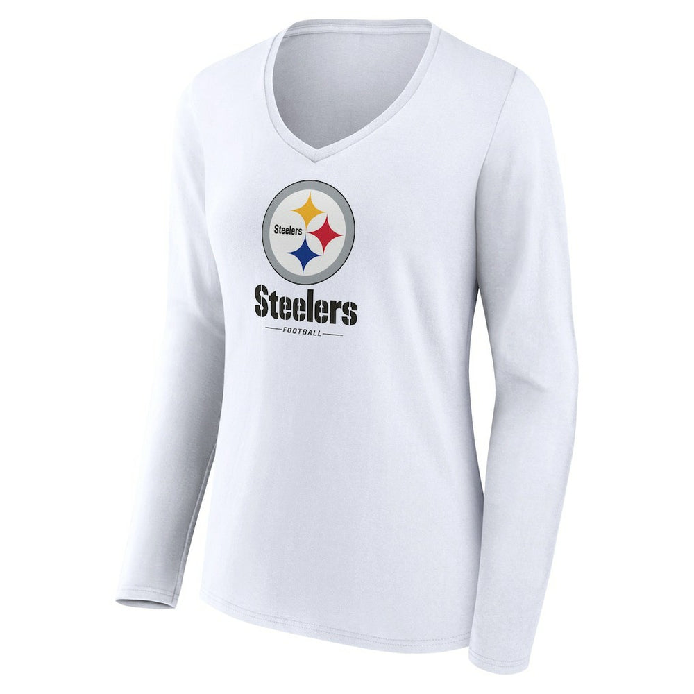 Pittsburgh Steelers Women's Logo Team Lockup Long Sleeve V-Neck T-Shirt - White cheap