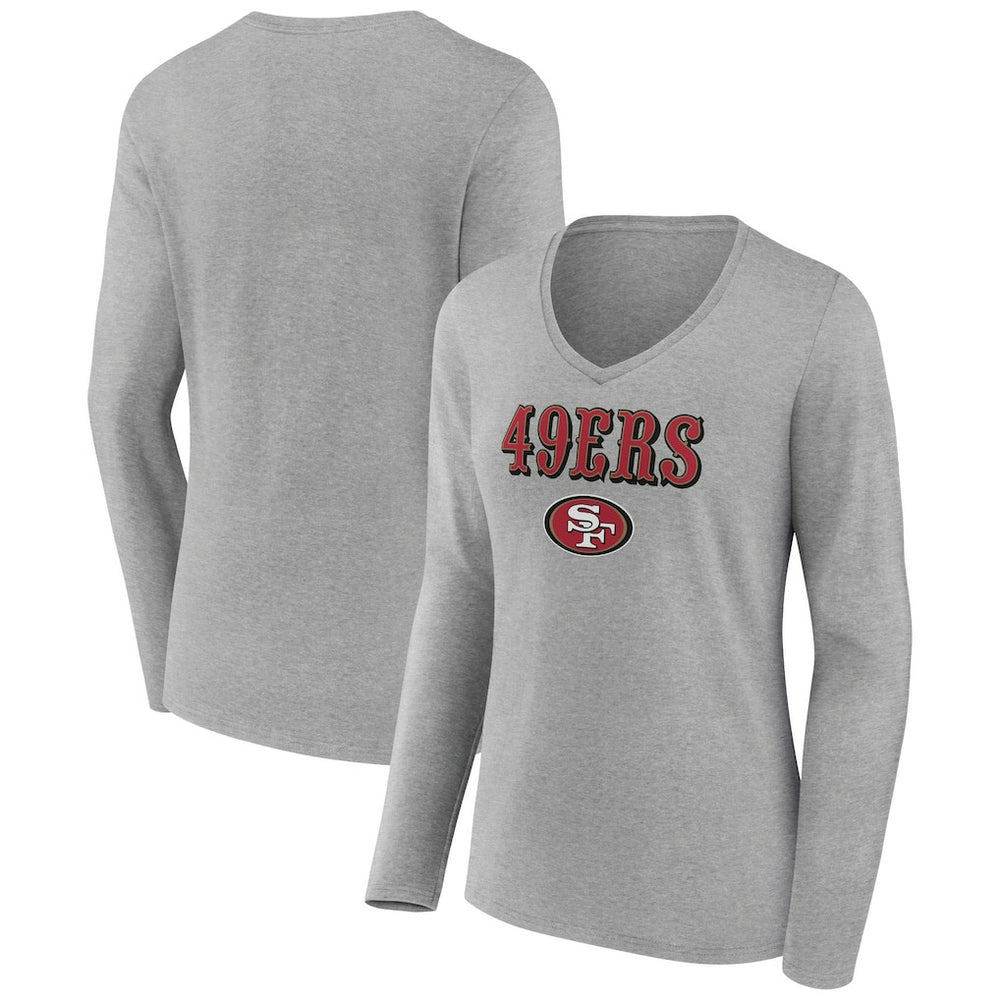 San Francisco 49ers Women's Logo Team Lockup Long Sleeve V-Neck T-Shirt - Heather Gray for sale