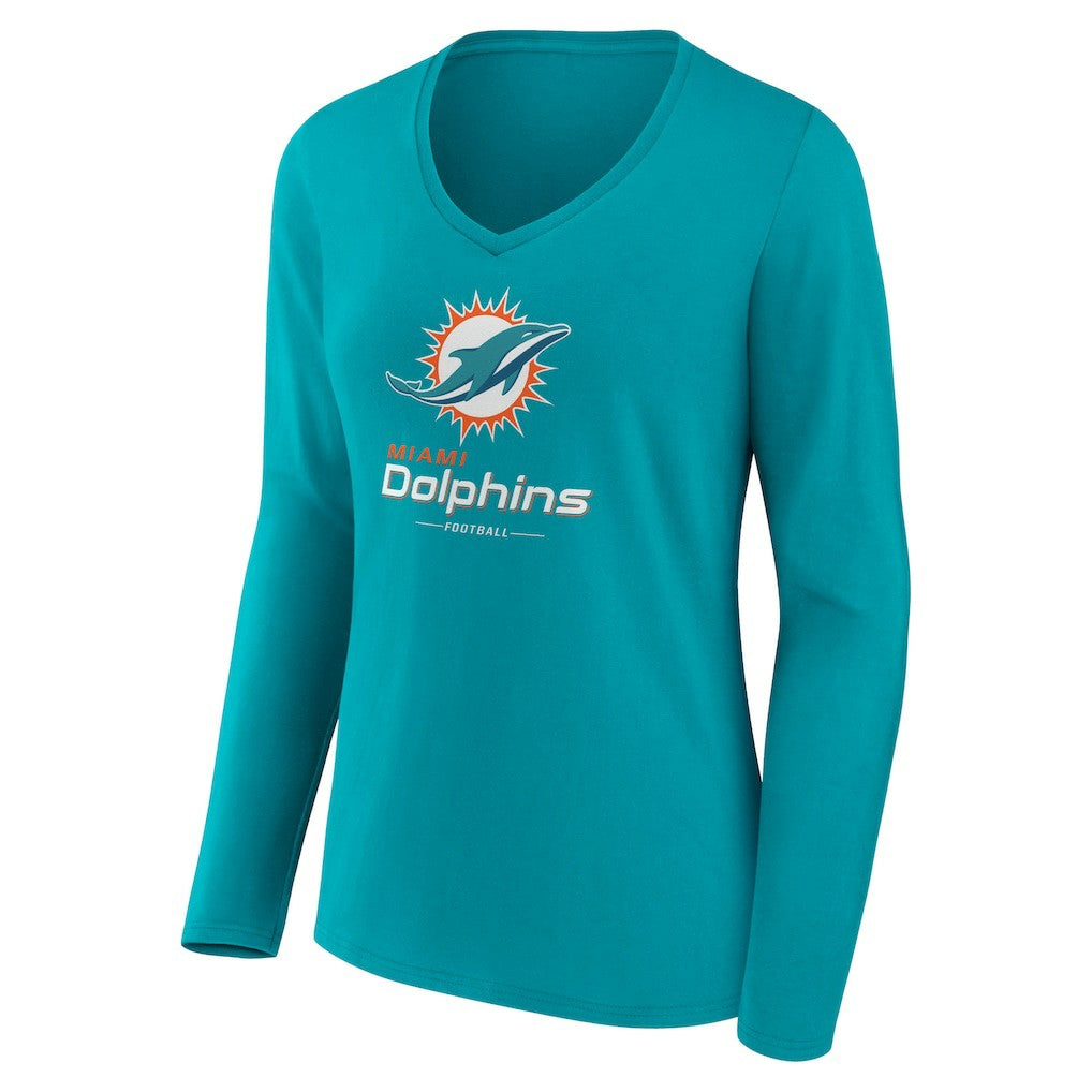 Miami Dolphins Women's Logo Team Lockup Long Sleeve V-Neck T-Shirt - Aqua outlet