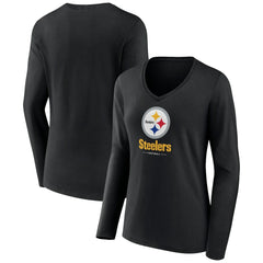 Pittsburgh Steelers Women's Logo Team Lockup Long Sleeve V-Neck T-Shirt - Black on sale