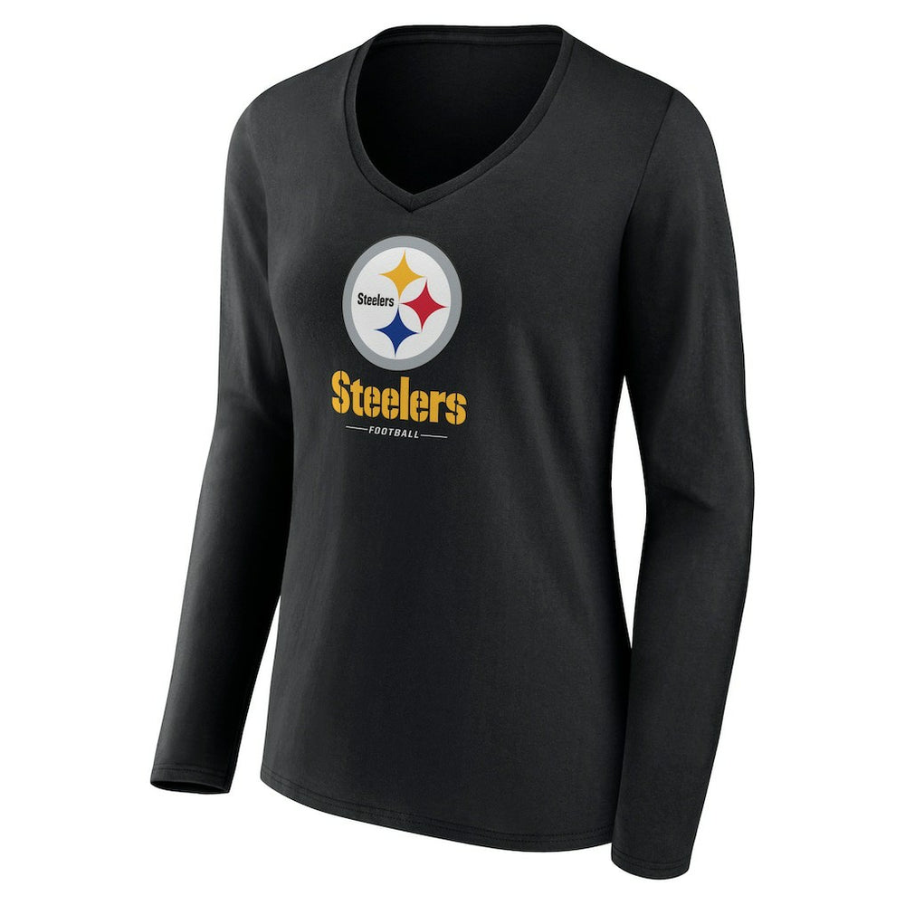 Pittsburgh Steelers Women's Logo Team Lockup Long Sleeve V-Neck T-Shirt - Black on sale