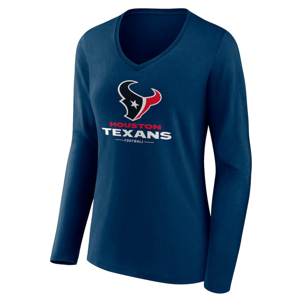 Houston Texans Women's Logo Team Lockup Long Sleeve V-Neck T-Shirt - Navy for sale