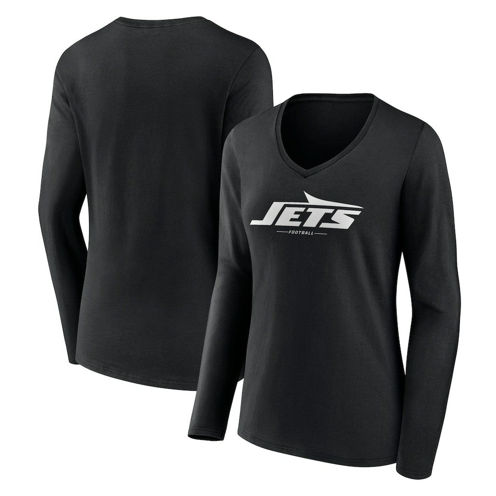 New York Jets Women's Logo Team Lockup Long Sleeve V-Neck T-Shirt - Black for sale