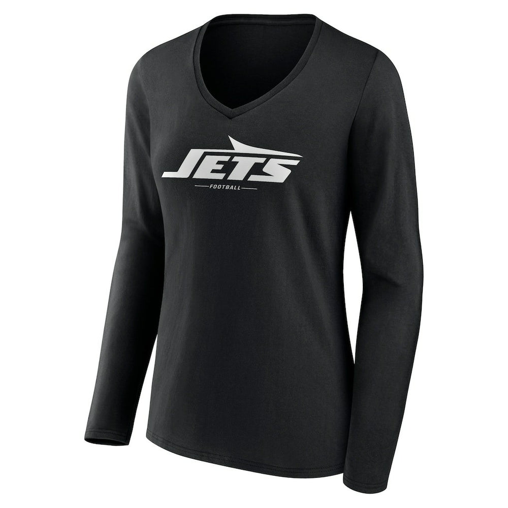 New York Jets Women's Logo Team Lockup Long Sleeve V-Neck T-Shirt - Black for sale
