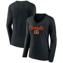 Cincinnati Bengals Women's Freehand Team Long Sleeve V-Neck T-Shirt - Black for sale