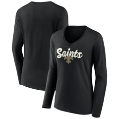 New Orleans Saints Women's Freehand Team Long Sleeve V-Neck T-Shirt - Black for sale