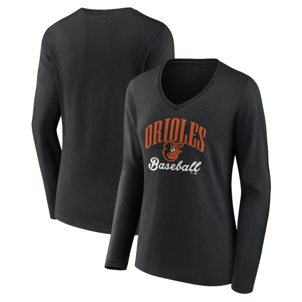 Baltimore Orioles Women's Victory Script Long Sleeve V-Neck T-Shirt - Black