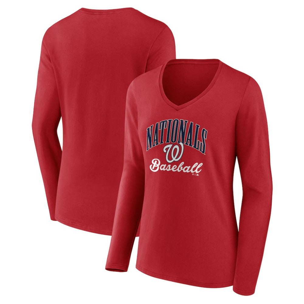 Washington Nationals Women's Victory Script Long Sleeve V-Neck T-Shirt - Red