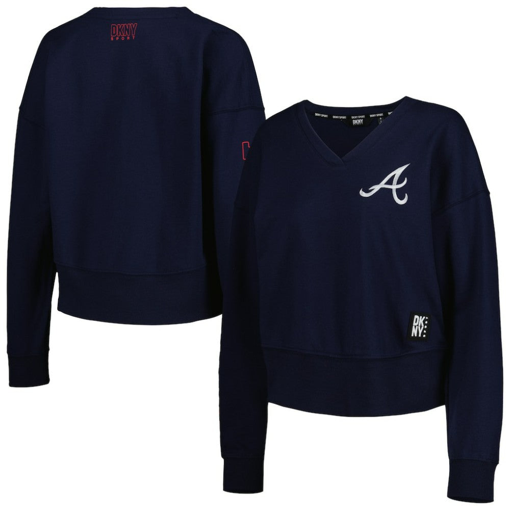 Atlanta Braves DKNY Sport Women's Lily V-Neck Pullover Sweatshirt - Navy