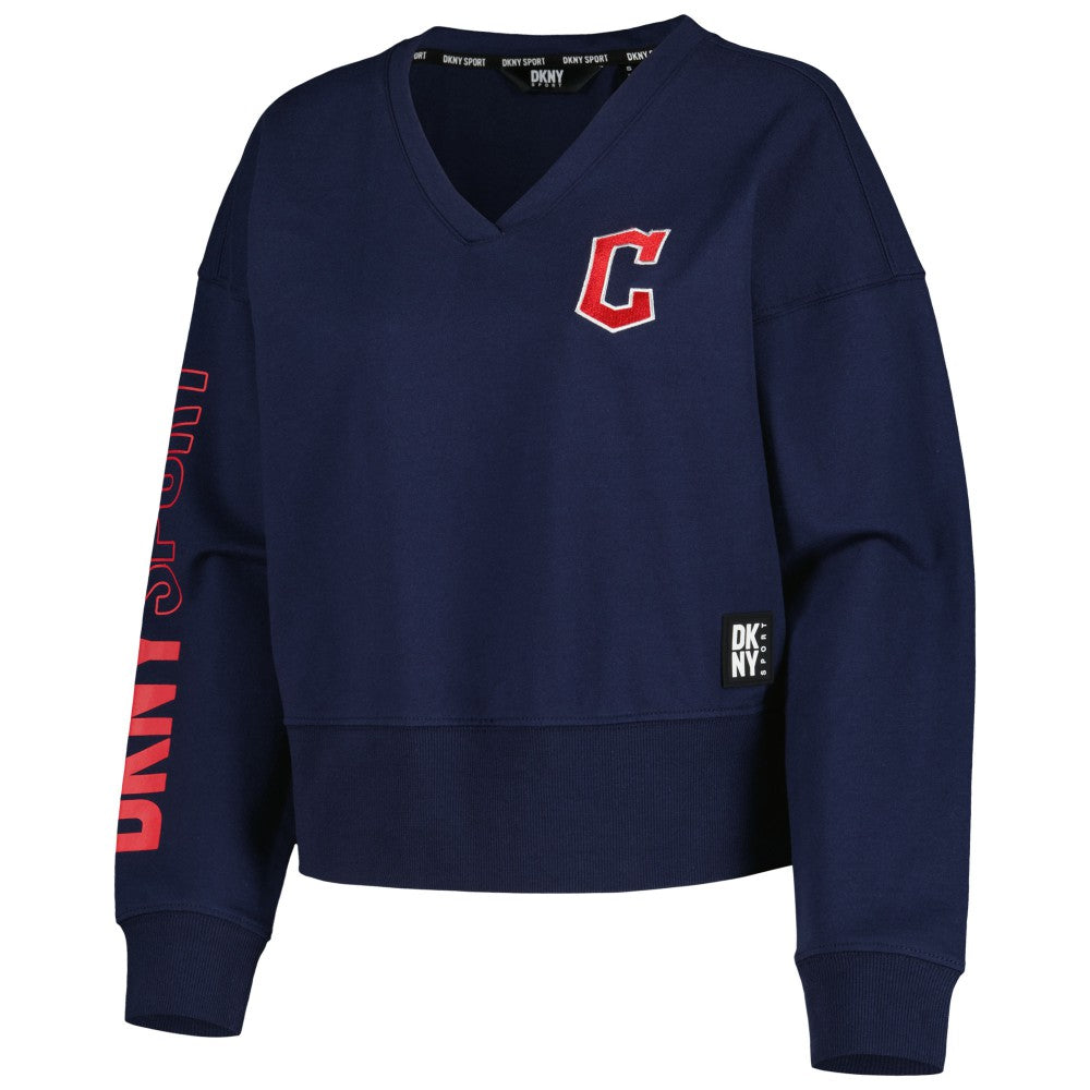 Cleveland Guardians DKNY Sport Women's Lily V-Neck Pullover Sweatshirt - Navy