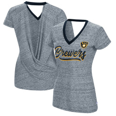 Milwaukee Brewers Touch Women's Halftime Back Wrap Top V-Neck T-Shirt - Navy