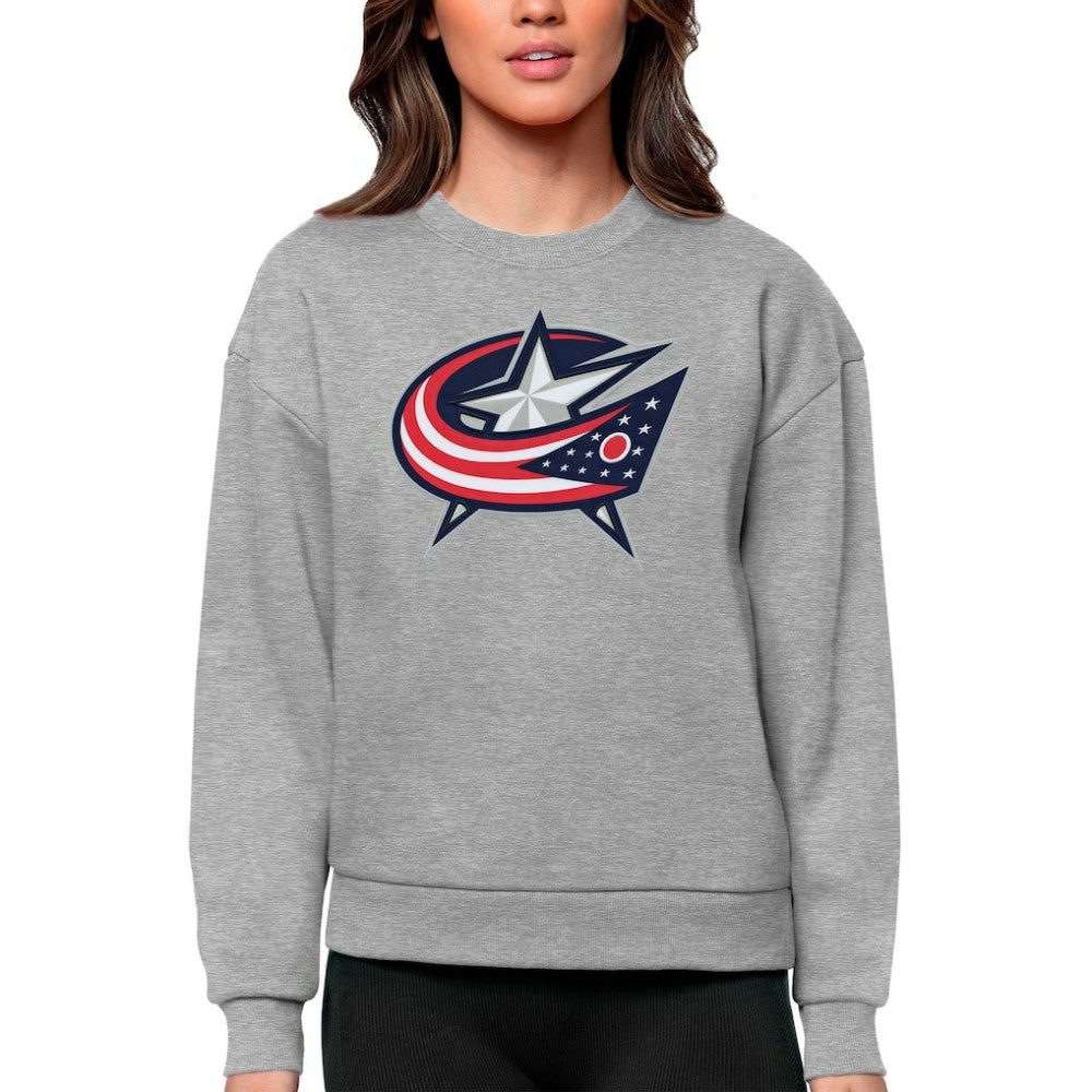 Columbus Blue Jackets Antigua Women's Team Logo Victory Crewneck Pullover Sweatshirt Heather Gray