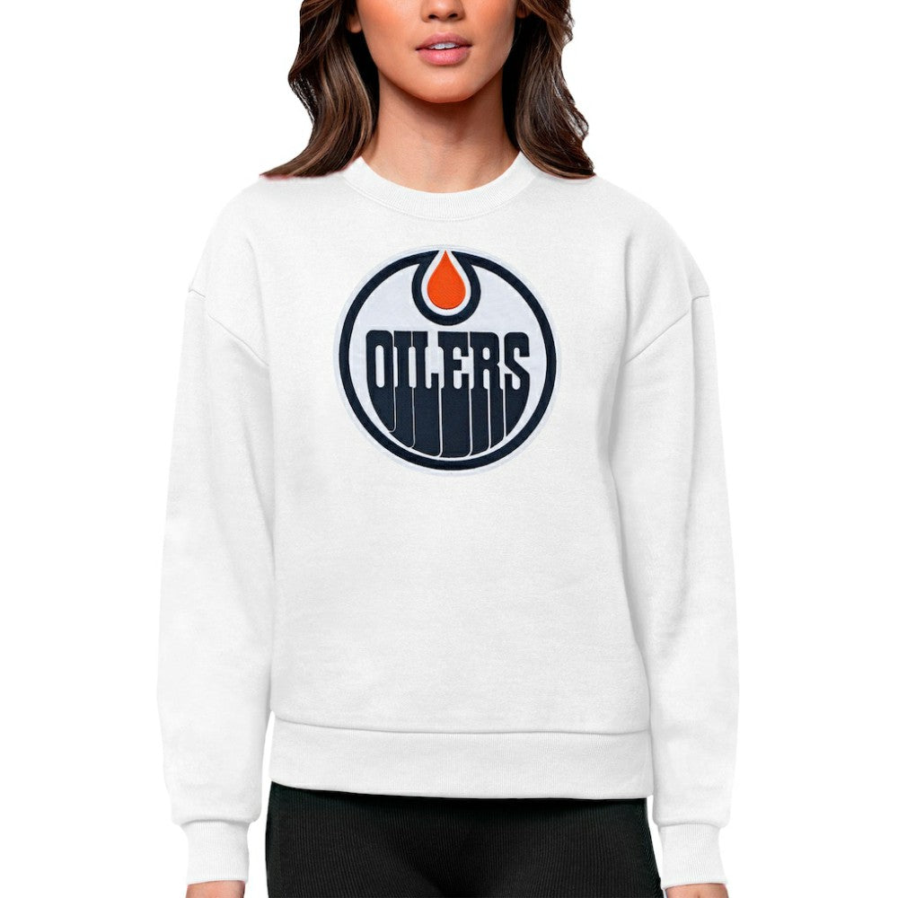 Edmonton Oilers Antigua Women's Team Logo Victory Crewneck Pullover Sweatshirt White