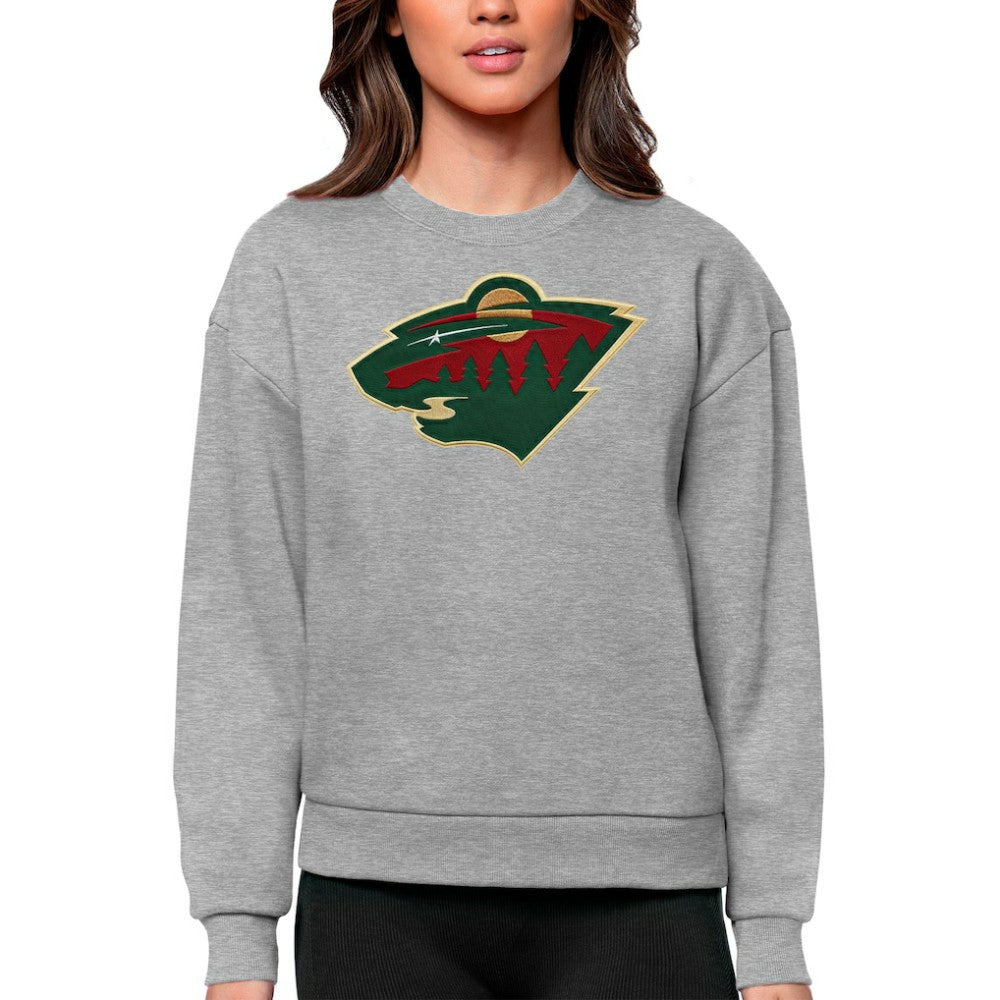 Minnesota Wild Antigua Women's Team Logo Victory Crewneck Pullover Sweatshirt Heather Gray