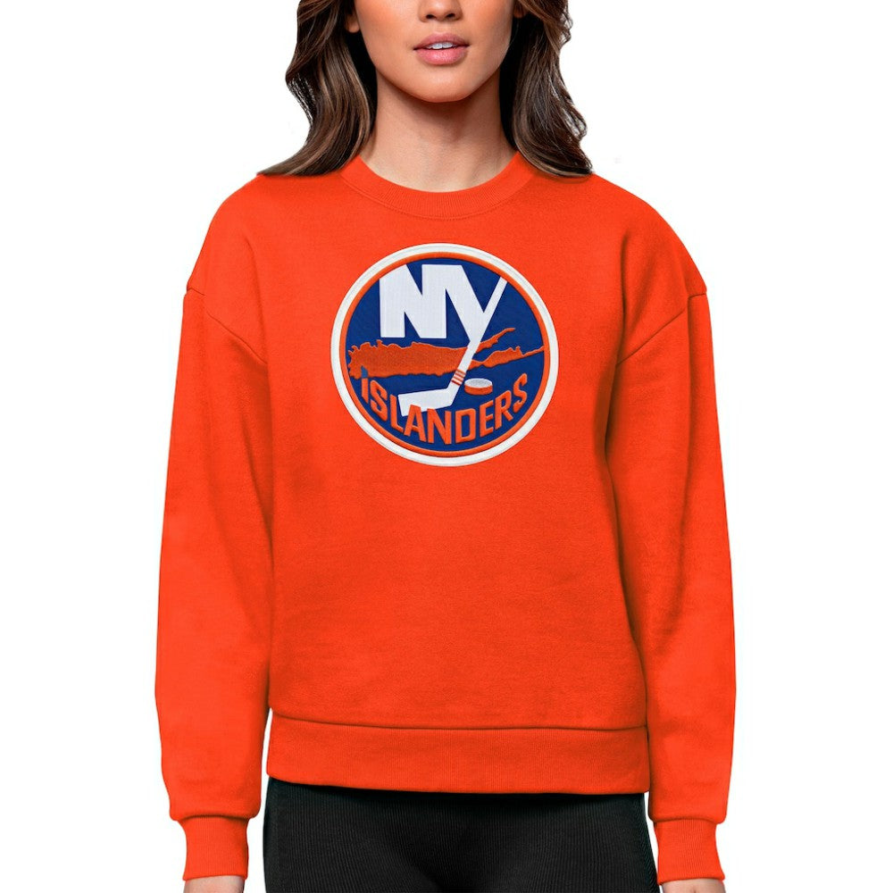 New York Islanders Antigua Women's Team Logo Victory Crewneck Pullover Sweatshirt Orange