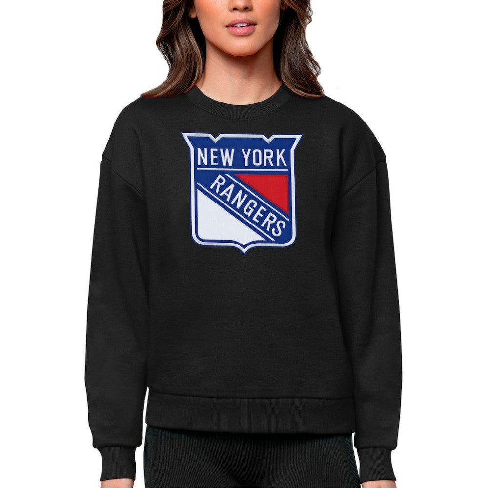 New York Rangers Antigua Women's Team Logo Victory Crewneck Pullover Sweatshirt Black