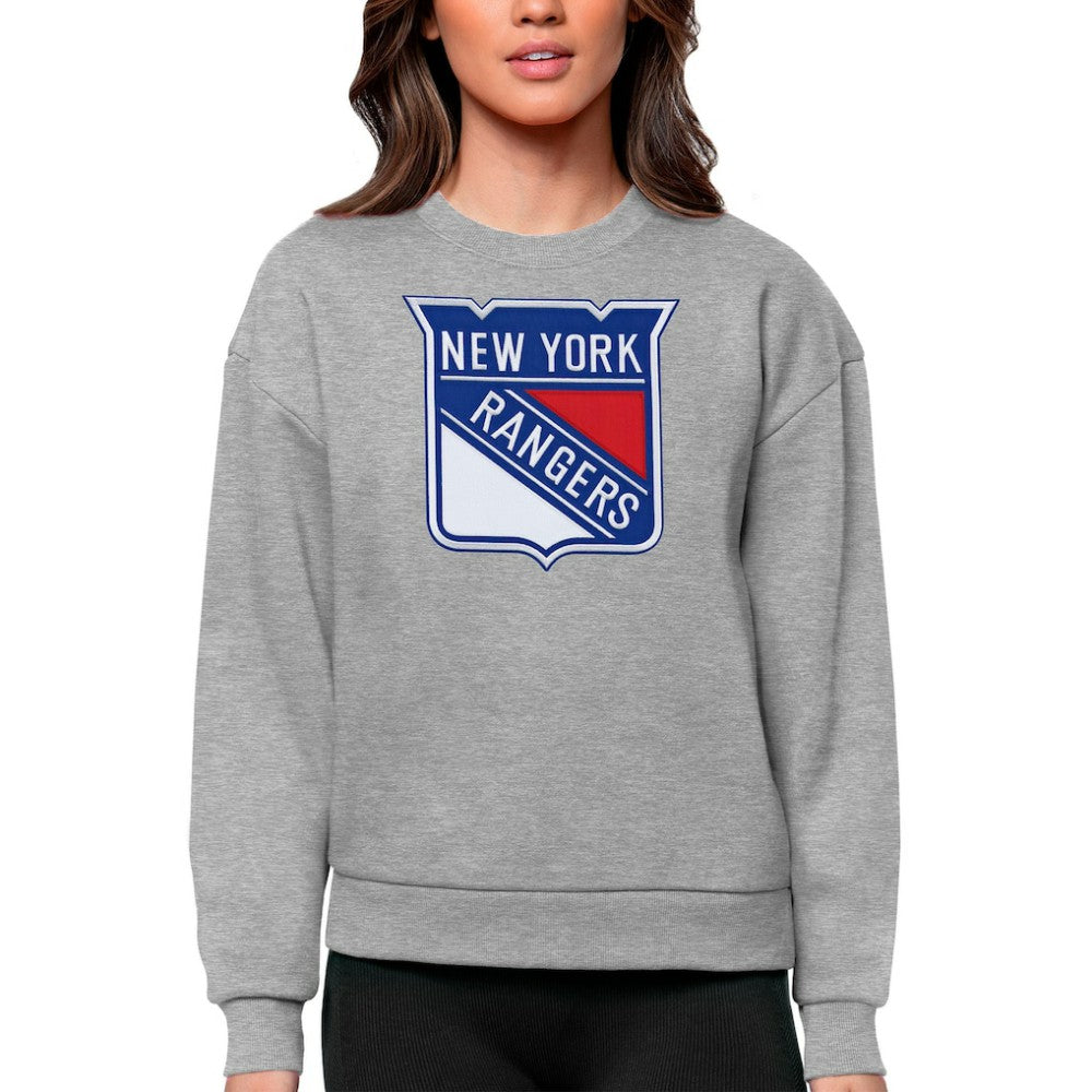 New York Rangers Antigua Women's Team Logo Victory Crewneck Pullover Sweatshirt Heather Gray