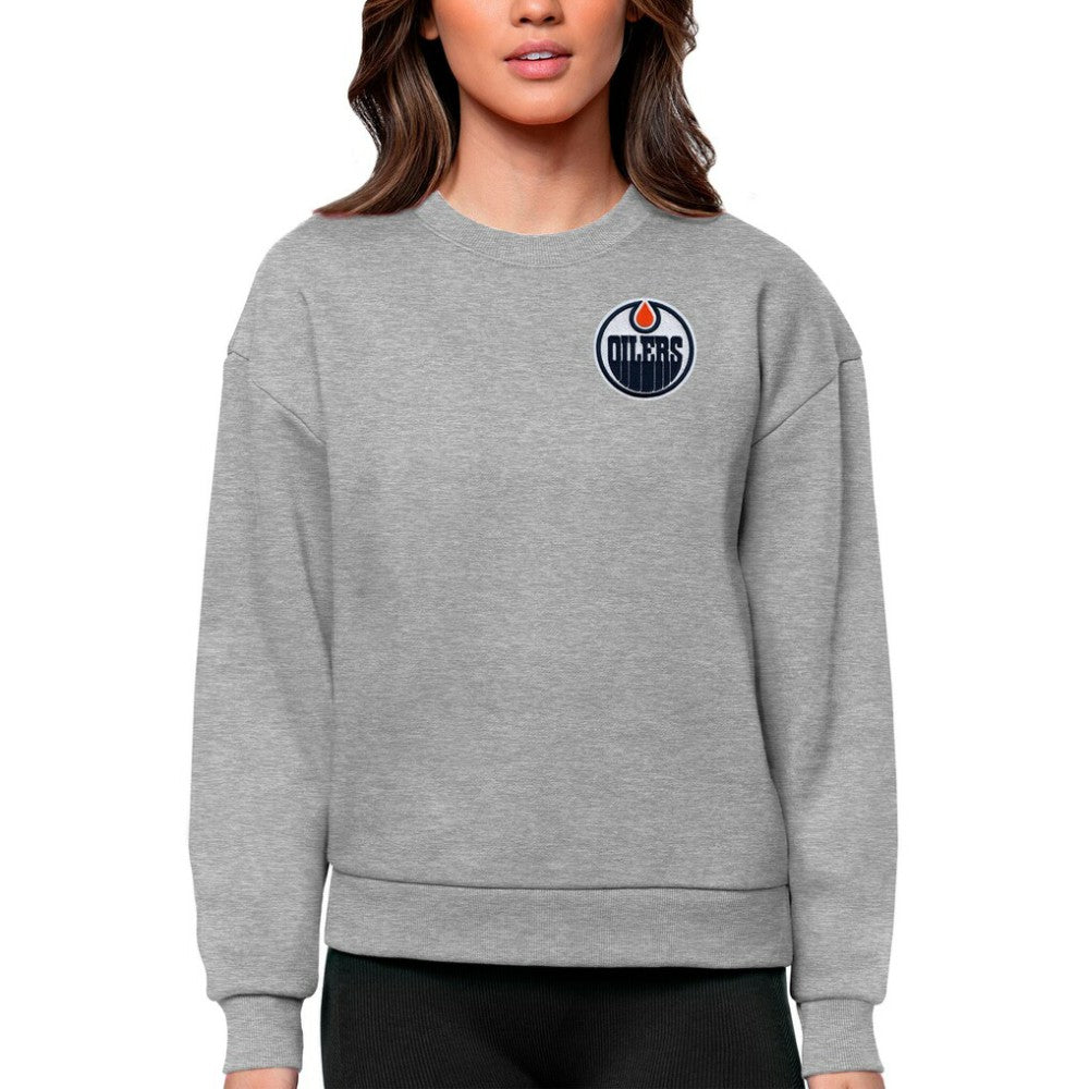 Edmonton Oilers Antigua Women's Victory Crewneck Pullover Sweatshirt Heather Gray
