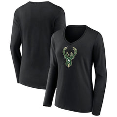Milwaukee Bucks Women's Logo Long Sleeve V-Neck T-Shirt - Black discount