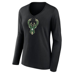 Milwaukee Bucks Women's Logo Long Sleeve V-Neck T-Shirt - Black discount
