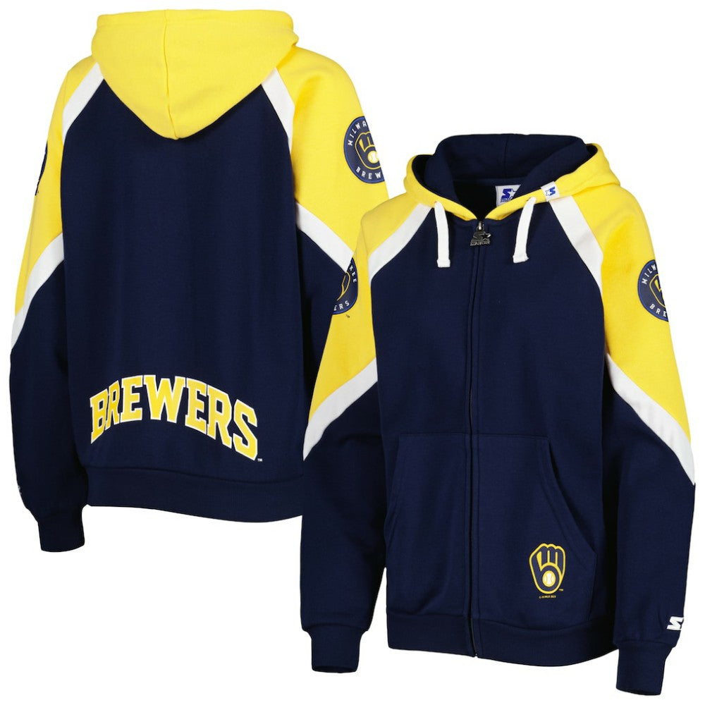 Milwaukee Brewers Starter Women's Hail Mary Full-Zip Hoodie - Navy/Gold