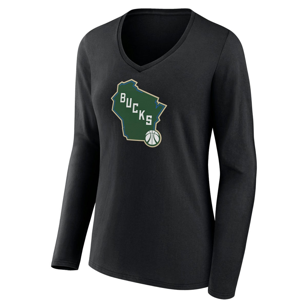 Milwaukee Bucks Women's Alternate Logo V-Neck Long Sleeve T-Shirt - Black shop