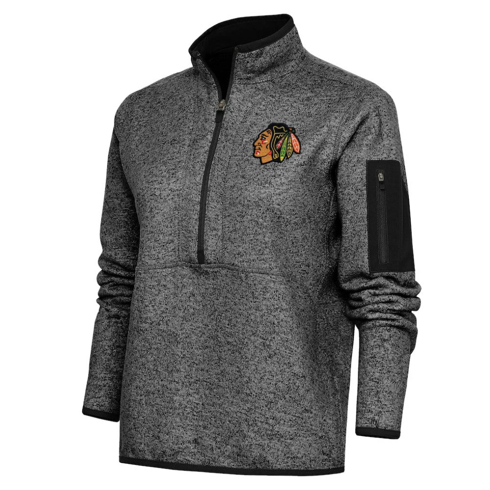 Chicago Blackhawks Antigua Women's Team Logo Fortune Quarter-Zip Jacket Heather Black