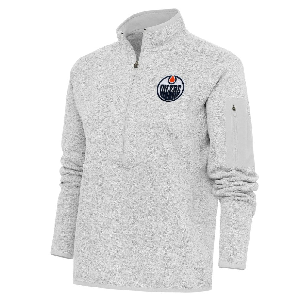 Edmonton Oilers Antigua Women's Team Logo Fortune Quarter-Zip Jacket Heather Gray