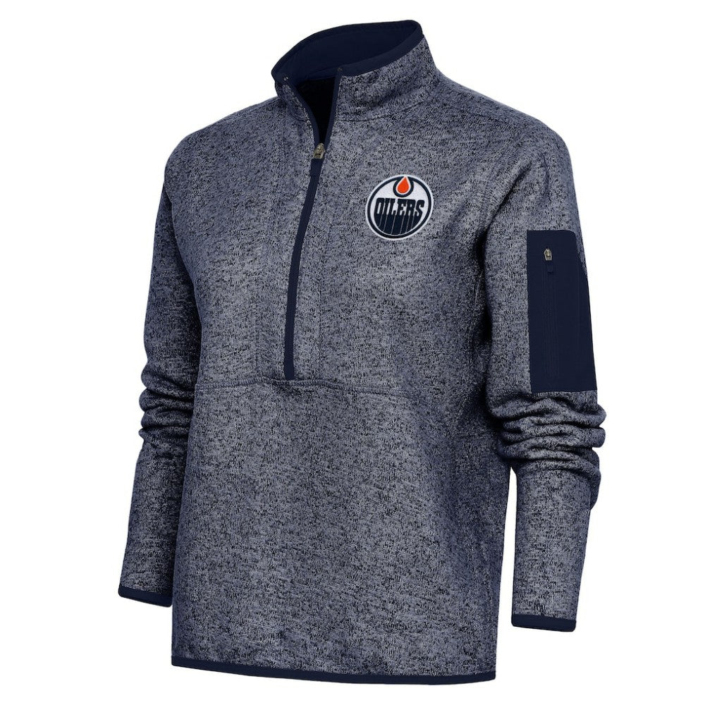 Edmonton Oilers Antigua Women's Team Logo Fortune Quarter-Zip Jacket Heather Navy