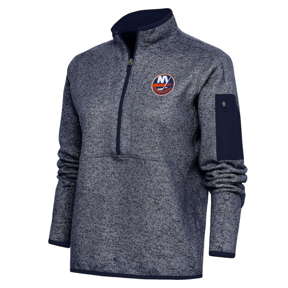 New York Islanders Antigua Women's Team Logo Fortune Quarter-Zip Jacket Heather Navy