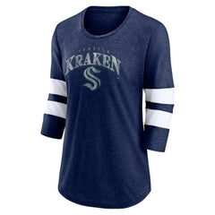 Seattle Kraken Fanatics Women's Special Edition 2.0 Barn Burner 3/4 Sleeve T-Shirt Heather Deep Sea Blue
