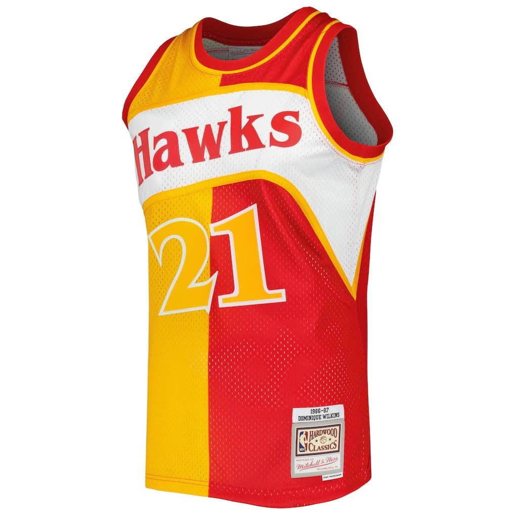 Dominique Wilkins Atlanta Hawks Hardwood Classics 1986/87 Split Swingman Jersey - Yellow/Red | Mitchell & Ness cheap