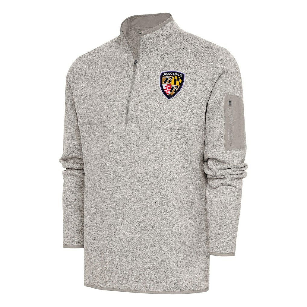 Baltimore Ravens Antigua Throwback Fortune Quarter-Zip Pullover Jacket - Oatmeal for sale