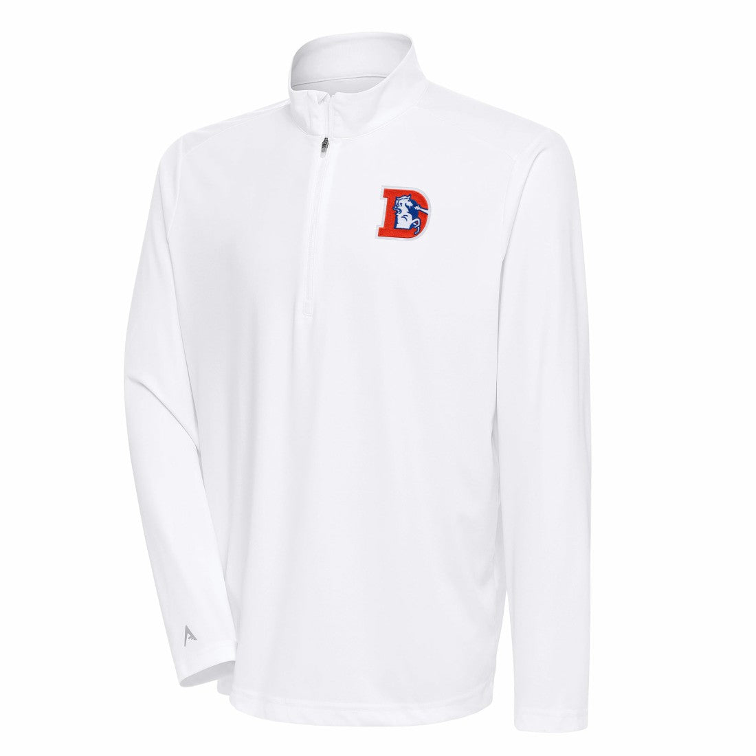 Denver Broncos Antigua Team Logo Throwback Tribute Quarter-Zip Pullover Top - White for sale