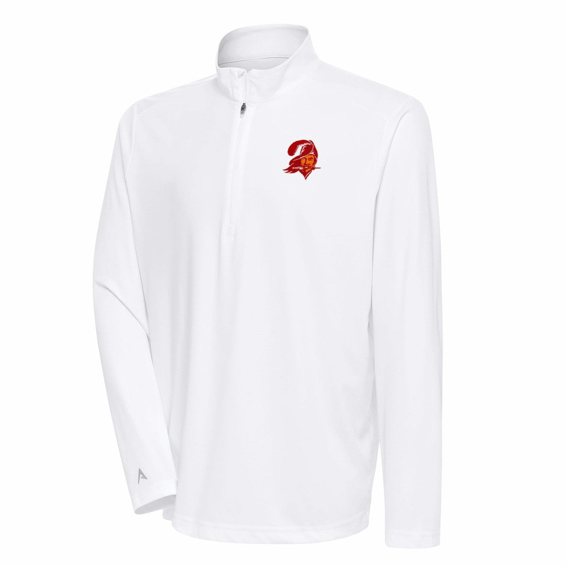 Tampa Bay Buccaneers Antigua Team Logo Throwback Tribute Quarter-Zip Pullover Top - White discount