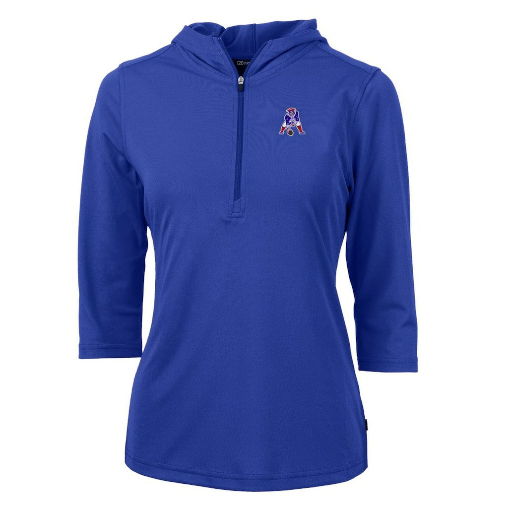 New England Patriots Cutter & Buck Women's Throwback Logo Virtue Eco Pique 3/4 Sleeve Half-Zip Pullover Hoodie - Royal for sale