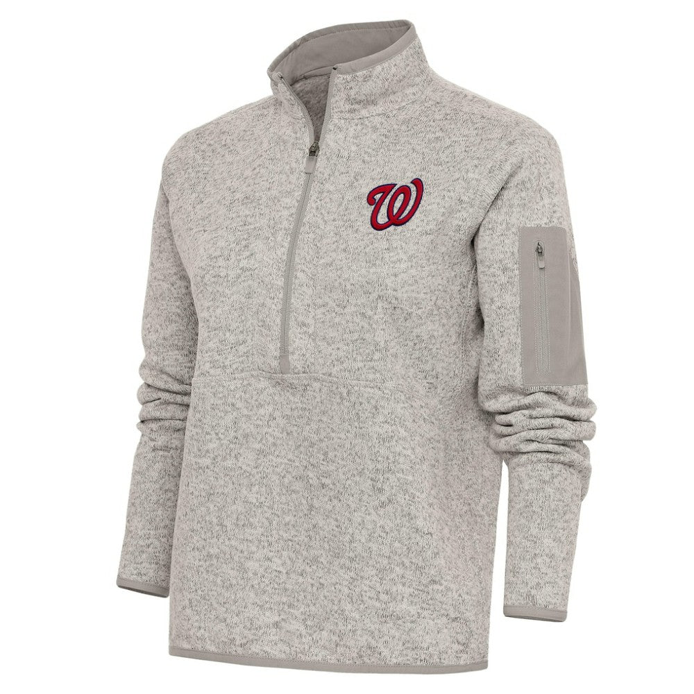 Washington Nationals Antigua Women's Logo Fortune Quarter-Zip Pullover Jacket - Oatmeal