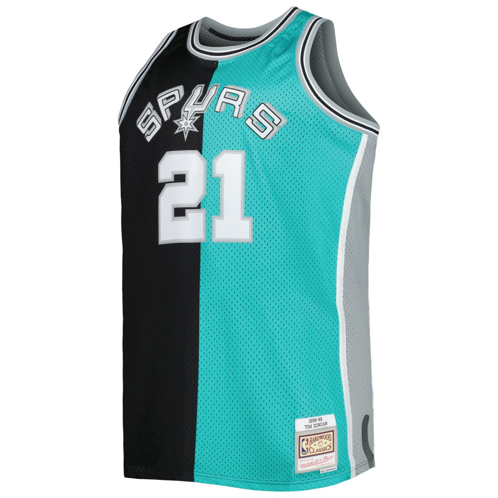 Tim Duncan San Antonio Spurs Big & Tall Hardwood Classics 1998/99 Split Swingman Jersey - Black/Teal | Mitchell & Ness online