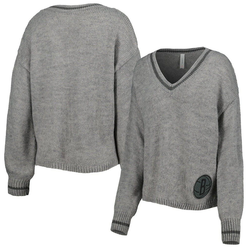 Brooklyn Nets Lusso Women's Scarletts Lantern Sleeve Tri-Blend V-Neck Pullover Sweater - Gray on sale