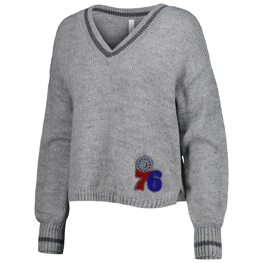Philadelphia 76ers Lusso Women's Scarletts Lantern Sleeve Tri-Blend V-Neck Pullover Sweater - Gray for sale