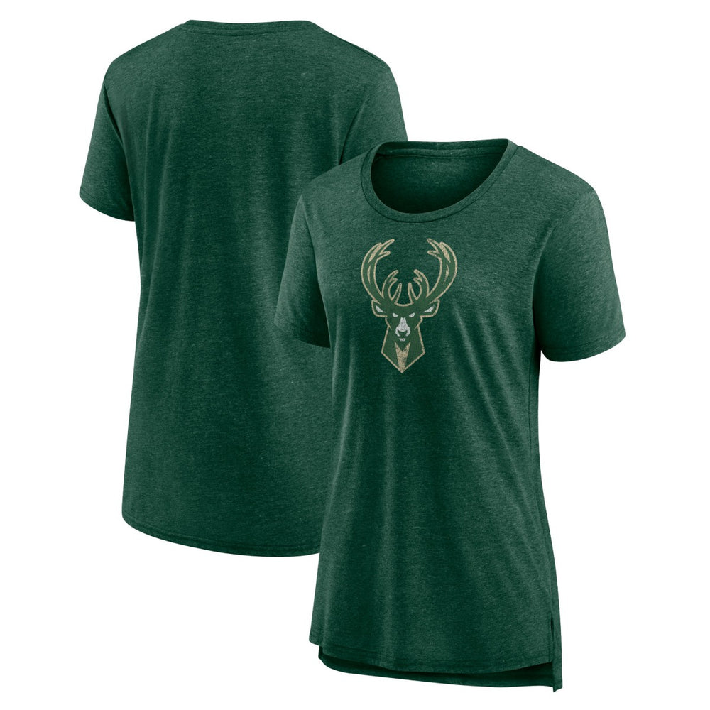 Milwaukee Bucks Women's Distressed Logo Tri-Blend T-Shirt - Heather Hunter Green outlet