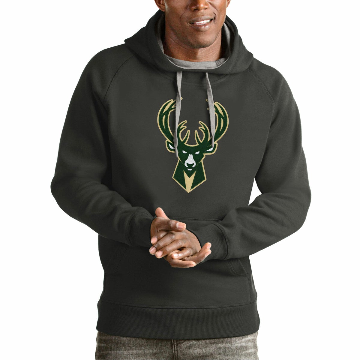 Milwaukee Bucks Antigua Team Logo Victory Pullover Hoodie - Charcoal sale