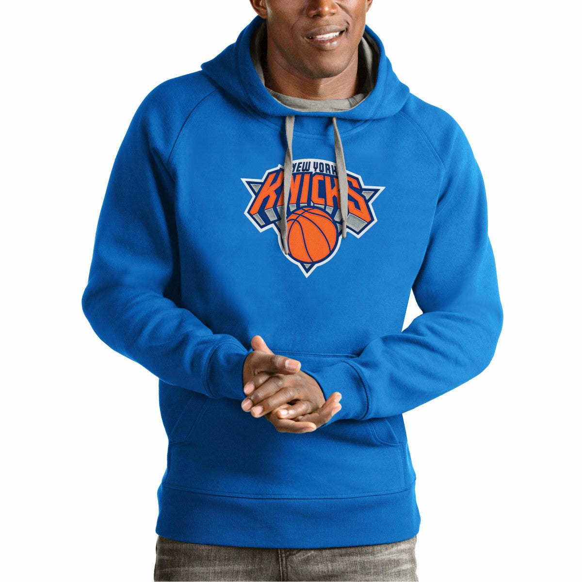 New York Knicks Antigua Team Logo Victory Pullover Hoodie - Blue cheap