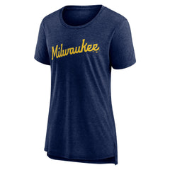 Milwaukee Brewers Women's Official Wordmark Tri-Blend T-Shirt - Heather Navy