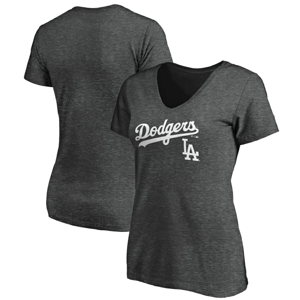 Los Angeles Dodgers Women's Team Lockup V-Neck T-Shirt - Charcoal