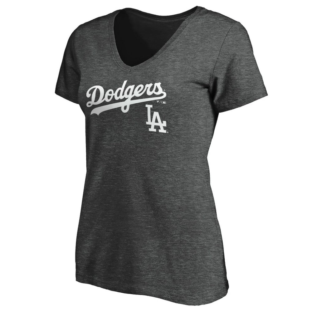 Los Angeles Dodgers Women's Team Lockup V-Neck T-Shirt - Charcoal