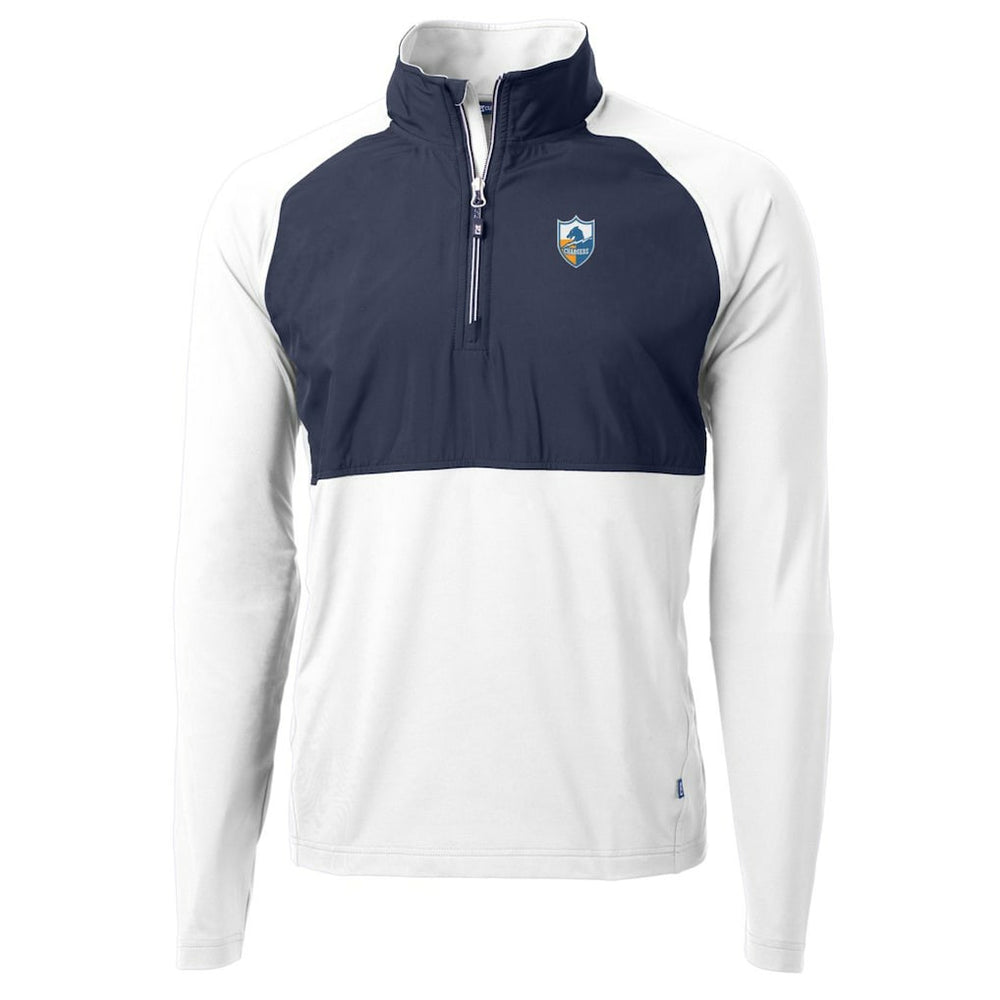 Los Angeles Chargers Cutter & Buck Adapt Eco Knit Hybrid Recycled Quarter-Zip Throwback Pullover Top - White/Navy on sale