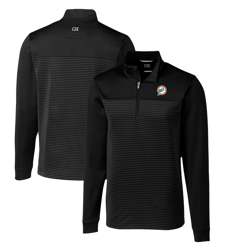 Miami Dolphins Cutter & Buck Throwback Logo Traverse Stripe Stretch Quarter-Zip Pullover Top - Black on sale