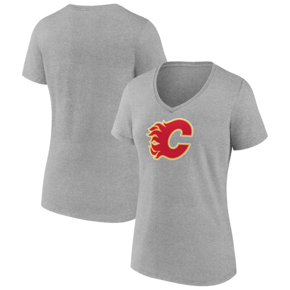 Calgary Flames Women's Primary Logo Team V-Neck T-Shirt Heather Gray