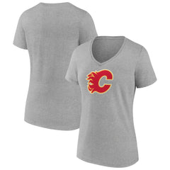 Calgary Flames Women's Primary Logo Team V-Neck T-Shirt Heather Gray